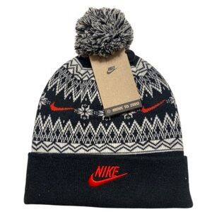 Nike Kids' Black and White Patterned Beanie with Red Logo NWT One Size